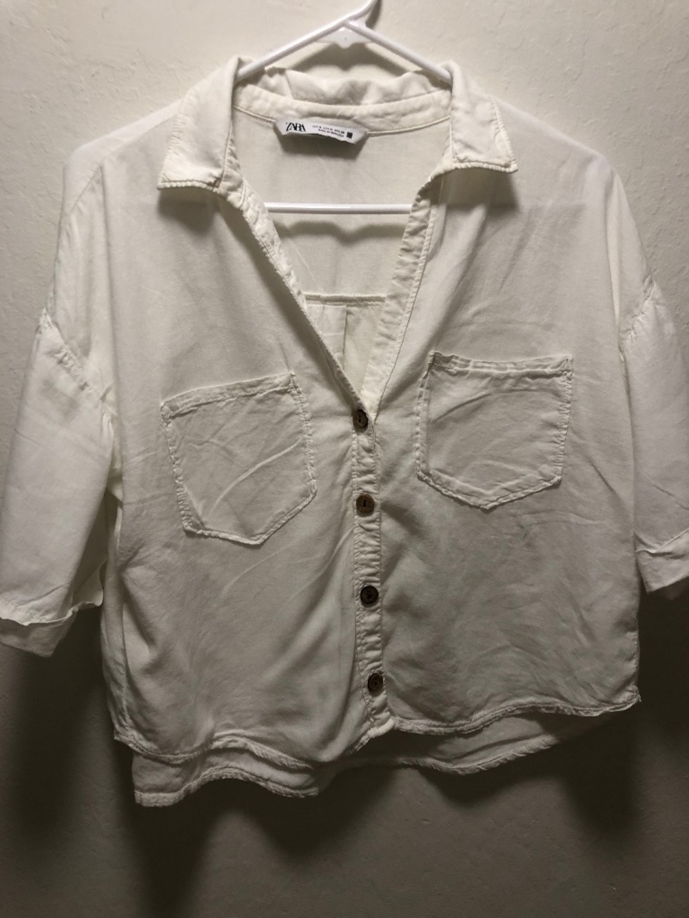 White Button-Front Cropped Shirt with Patch Pockets